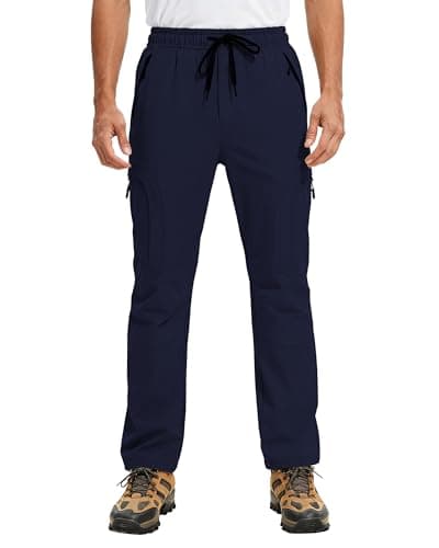 Mens Hiking Pants 5 Pockets Water Resistant Quick Dry Lightweight UPF 50+ Cargo Elastic Waist Drawstring Cuff Work Casual Golf Athletic Travel Jogging Navy Blue L