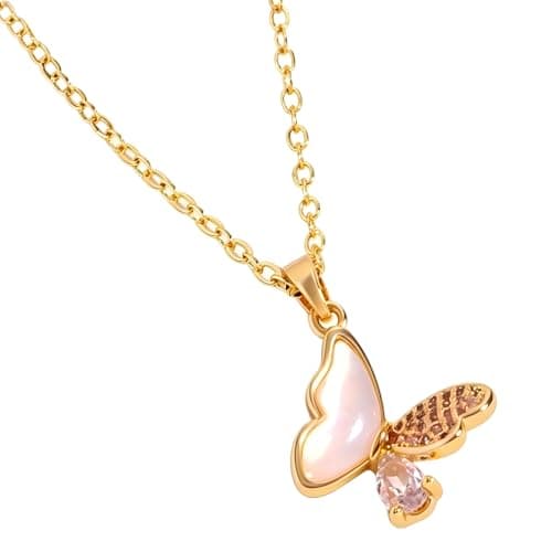 14K Gold Plated Dainty Pendant Butterfly Necklace,Dazzling 3 Layer Gold Plated Butterfly Pendant Necklace for Women, Shiny Chain with Mother of Pearl Cubic Zirconia Golden Butterfly Necklace