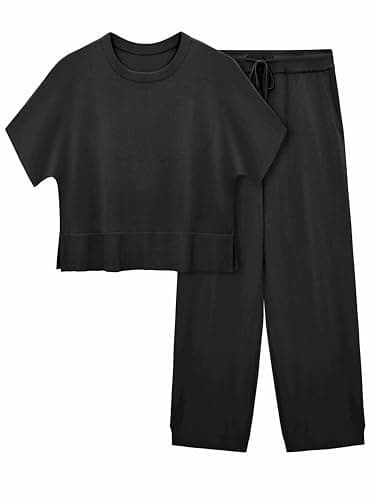 Fisoew Womens 2 Piece Outfits Sweater Sets Knit Split Crop Tops High Waisted Pants Lounge Set - Image 1