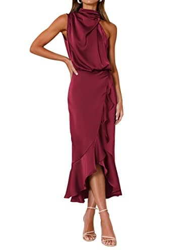 KIRUNDO Women 2026 Spring Summer Satin Mock Neck Wedding Guest Party Cocktail Midi Dress Sleeveless Wrap Ruffle Formal Dress(Wine Red, Small) - Image 1