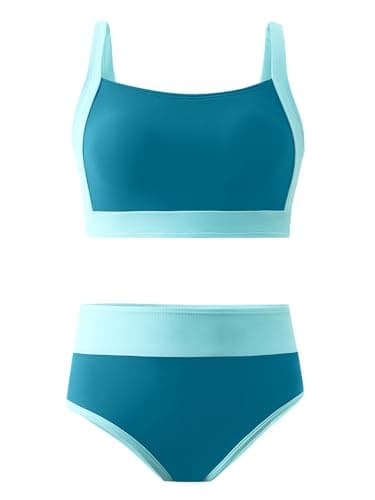 AMAWMW Girls Swimsuit Two Piece Bathing Suit Adjustable Straps Bikini Set with Chest Pad 7-16Y, Blue, 15-16 Years - Thumbnail 6