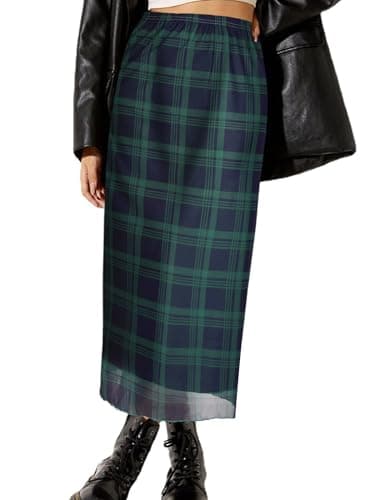 Avanova Women Plaid Gingham Checkered Mesh High Waisted Midi Skirts Flowy Summer Long Skirts Green Plaid Medium - Image 1