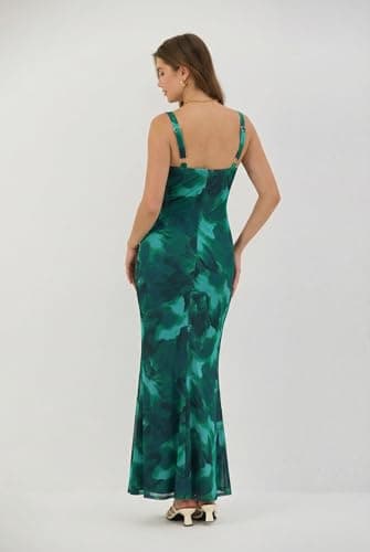 ZAFUL Green Wedding Guest Dress for Women's Sexy Dress Formal Sleeveless Mesh Ruched Bodycon Maxi Party Long Dresses Sexy - Thumbnail 2