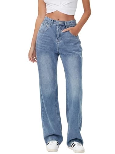 HDLTE Women Wide Leg Jeans High Waist Baggy Jean Loose Boyfriends Jeans Blue Washed - Image 1