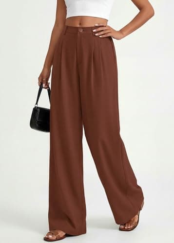 KIRUNDO Dress Pants Women 2026 Summer Polka Dot Palazzo Wide Leg Trousers Flowy Business Casual Slacks for Work with Pockets(Brown, X-Large) - Thumbnail 6