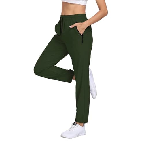 Womens Hiking Pants Water Resistant Quick Dry UPF 50+ Cargo Zipper Pockets Sweatpants Elastic Waist Drawstring Lightweight Work Casual Outdoor Army Green M - Thumbnail 2