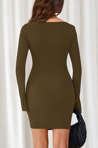 dowerme Women's Casual Mini Dress 2026 Bell Long Sleeve Boat Neck Tie Waist Bodycon Dresses Knitted Party Fall Outfits(Army Green,Large) - Thumbnail 5