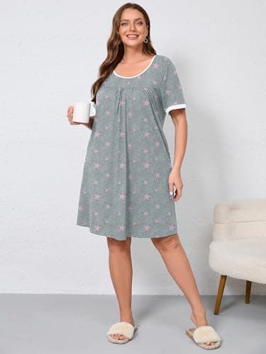 AusLook Plus Size Women's Nightgown 3X Pink Stars Short Sleeve Sleep Dress Sleepwear Soft Sleepshirts Pleated Scoopneck Nightshirt Sleep shirts with Pockets - Thumbnail 5