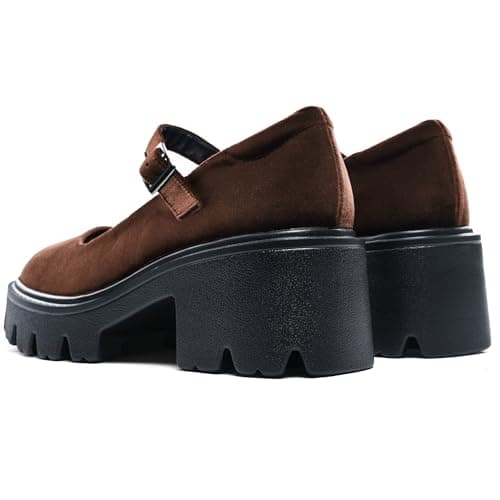 Elvora Women's Mary Jane Shoes - Platform Mary Janes for Women, Brown Velvet Round Toe Chunky Dress Shoes with Adjustable Ankle Strap - Thumbnail 5