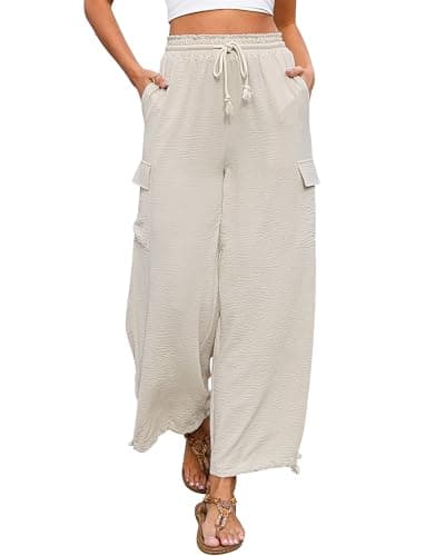 Bsubseach Women Beach Palazzo Cargo Pants Drawstring Wide Leg Trousers Summer Vacation Outfits with Pockets(Beige, Large) - Image 1