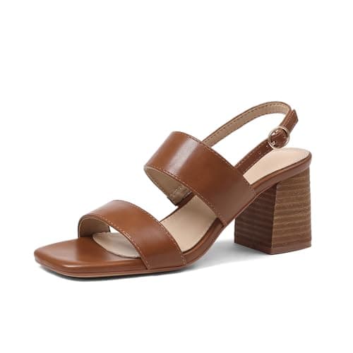 Ancomafio Women's Heeled Sandals Block Chunky Heels Square Open Toe Heels Ankle Strap Casual Sandals Summer Vacation Dress Shoes Brown Size 10 - Image 1