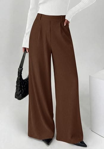 BTFBM Wide Leg Pants for Women Dressy Work Business Casual Elastic High Waisted Trousers Ribbed Lounge Palazzo Pants(Brown, Large) - Thumbnail 4