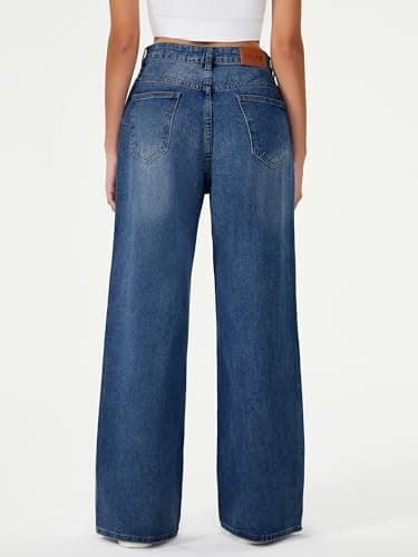 HDLTE Women's High Waist Baggy Boyfriend Jeans - Wide Leg Loose Denim Pants with Pockets(Dark Blue,X-Small) - Thumbnail 2