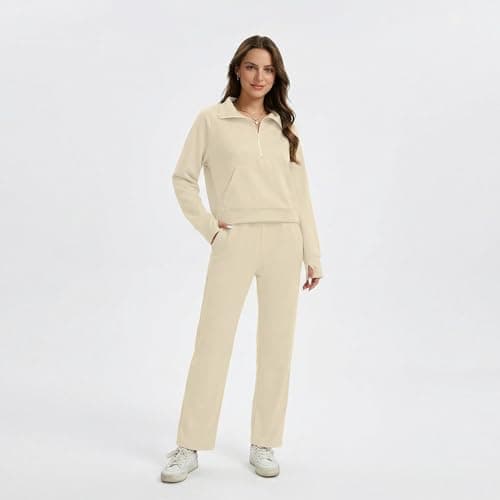 Anyshe Women's 2 Piece Sweatsuit Set Lounge Set Half Zip Sweatshirt with Kangaroo Pocket Thumb Holes Wide Leg Drawstring Pants Casual Tracksuit for Travel Daily Wear, Off White, Medium - Thumbnail 2