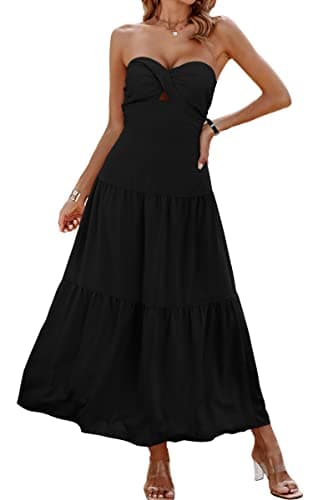 ECOWISH Women's Summer Strapless Dress Maxi Off Shoulder Hollow Out Smocked A Line Tube Tiered Long Dresses Black Medium