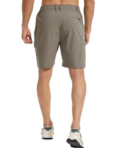 MOURCE Mens Hiking Shorts 9" - Stretch Lightweight Cargo Shorts for Men with Zipper Pockets Flat Front, Khaki - Thumbnail 3