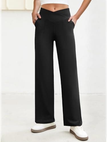 COPYLEAF Wide Leg Pants Woman Crossover Yoga Pants with Pockets Loose Stretchy Work Dress Pants Casual Lounge Sweatpants(Black M) - Thumbnail 2