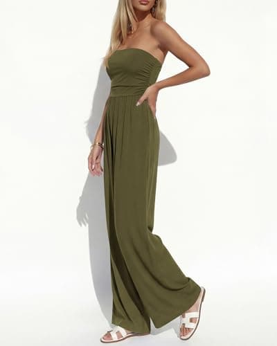 BTFBM Jumpsuits For Women Summer 2026 Beach Vacation Strapless Tube Top Jumpsuit Ruched Casual Wide Leg Pant Rompers(Army Green, Large) - Thumbnail 4