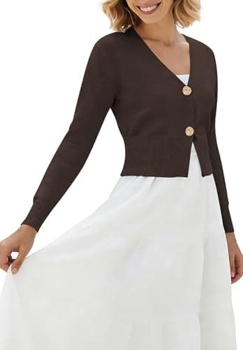 Women's Spring Cardigan Lightweight Knit V Neck Sweater for Office Everyday Layering Outfits Chocolate Brown M - Thumbnail 5