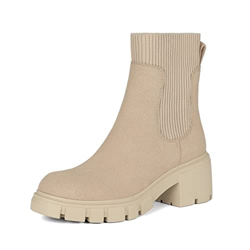 Athlefit Women's Chelsea Platform Ankle Boots Elastic Chunky Heel Lug Sole Nude Booties Size 7.5 - Image 1
