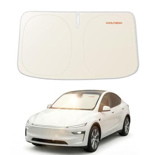 WOLFBOX Foldable Car Windshield Sun Shade Tesla Model Y/Model 3-Advanced Thickened Black Tape Sunshade Cover, Maximum UV Block & Sun Heat Protector Model Y Juniper/Model 3 Highland (56'L*37''W)