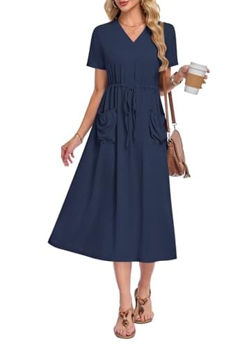 MOLERANI Women Summer Maxi Dress Casual Tie Waist Long Dresses Hawaiian Dresses for Curvy Women with Pockets, Navy Blue, 2XL - Image 1