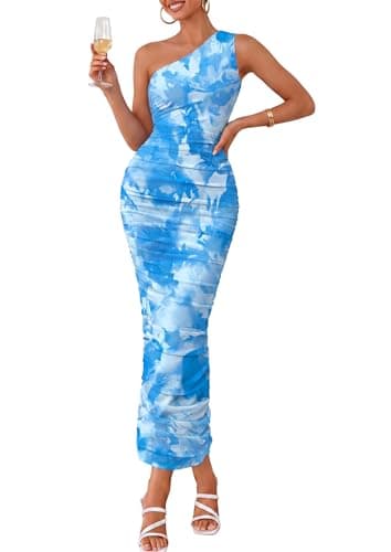 PRETTYGARDEN Wedding Guest Dresses for Women Summer 2026 One Shoulder Ruched Mesh Bodycon Cocktail Beach Floral Maxi Dress(Blue,XX-Large) - Image 1