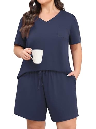 Lastshe Womens Plus Size Pajama Set 2 Piece Soft V Neck Short Sleeve with Pockets Summer Shorts Sleepwear Pjs Lounge Set,Dark Blue-3X - Image 1