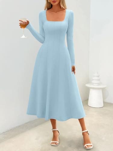MEROKEETY Women's Fall Dresses 2025 Long Sleeve Square Neck Elegant Classy Winter Cocktail Wedding Guest Midi Dress, LightBlue, Medium - Thumbnail 3