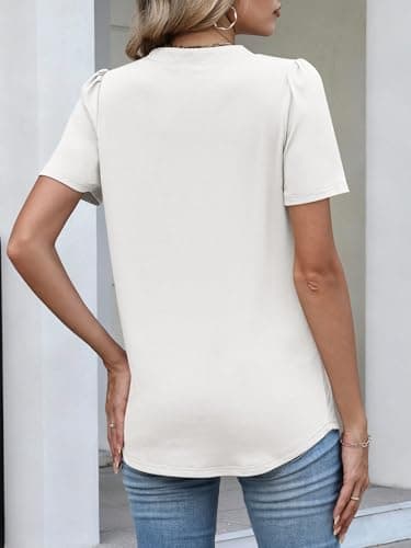 ANRABESS Womens Tops Business Casual 2026 Spring Short Sleeve Henley V Neck Shirts Dressy Work Blouse Summer Trendy Clothing White Medium - Thumbnail 5