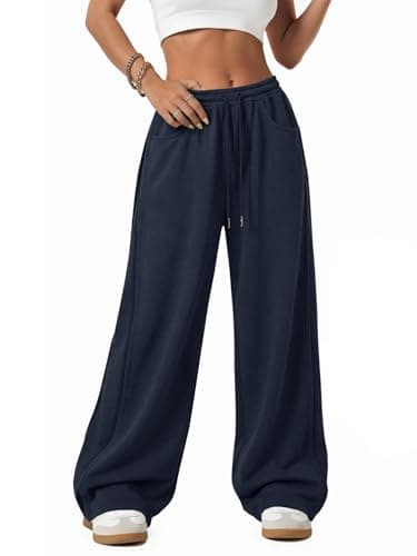 ATHMILE Women's Baggy Wide Leg Pants Casual Drawstring Elastic Waisted Parachute Pants Workout Y2K Track Pants Navy - Image 1