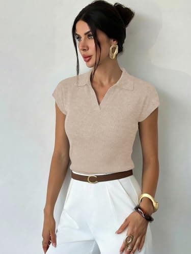 LaGracia Womens Sweater Knit Polo Cap Sleeve Business Casual Tops for Women 2026 - Thumbnail 2