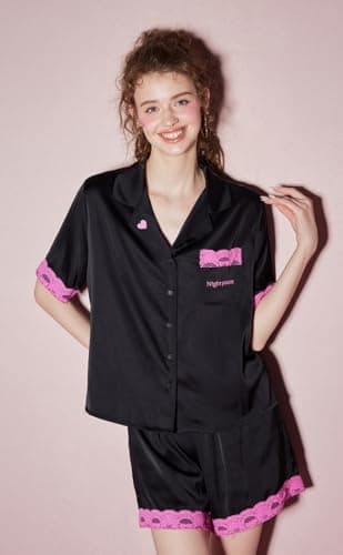 Night Poem Satin Pajamas for Women Set - Silk Shorts Pjs Soft Short Sleeve Button Down with Lace Trim Sleepwear (Eye Mask) Black, S - Thumbnail 6