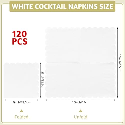 NatNarr 120 Pcs Cocktail Napkins Scalloped White Wedding Napkins Disposable Dessert Beverage Napkins for Wedding, Bridal Shower,Coffee Bar Dinner, 5 x 5 Inch - Thumbnail 2