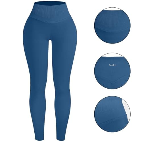 BaseTry Womens Yoga Pants Seamless Mid High Waisted Tummy Control Butt Lifting Workout Leggings for Women Running (US, Alpha, X-Large, Regular, Regular, Blue) - Thumbnail 4