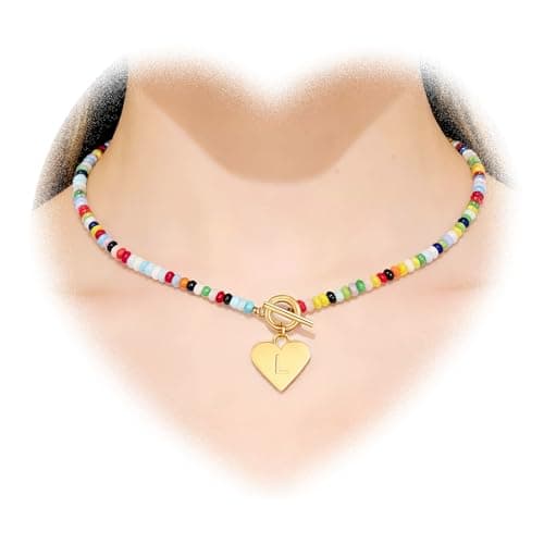 ARZASGO Initial Necklace for Women - Colorful Beaded Necklace Love Initial Letter Pendant Choker, Personalized A-Z Letter Necklaces Jewelry Gift - Thumbnail 2