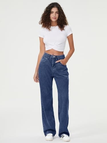 Women Loose Boyfriends Jeans High Waist Baggy Denim Pants Wide Leg Straight Trousers Vintage Streetwear A-Blue - Thumbnail 5