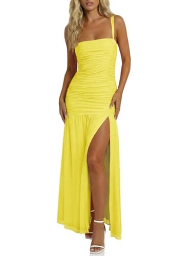 Wenrine Womens Summer Sleeveless Maxi Dress Mesh Ruched Spaghetti Strap Wedding Guest Split Formal Cocktail Dresses Yellow - Image 1