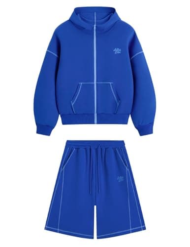 Aelfric Eden Cloud Boxy Sweat Set 2 Piece Outfits Sweatsuit Shorts Sets 2026 Zipper Hoodie Oversized Lounge Matching Set Tracksuit Blue X-Small
