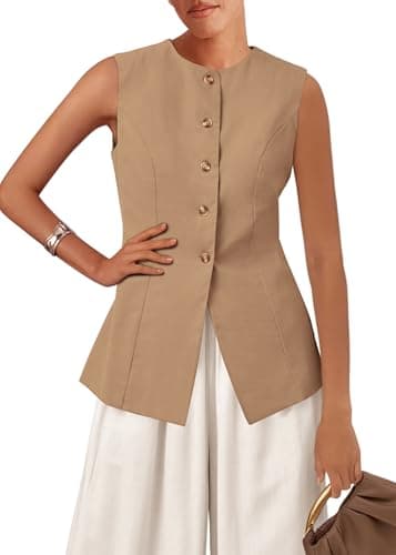 KIRUNDO Vest Tops for Women Trendy Dressy Business Casual Outfits 2026 Summer Sleeveless Fitted Blazer Work Suit Waistcoat(Khaki, X-Large) - Image 1