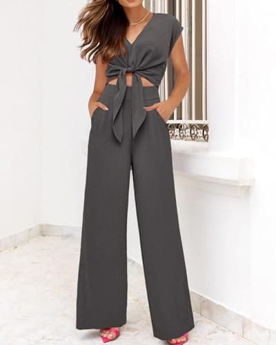 PRETTYGARDEN Women's Summer 2 Piece Outfits 2026 Cap Sleeve V Neck Belted Crop Tops Wide Leg Pant Sets Casual Tracksuit(Solid Dark Grey,Medium) - Thumbnail 6