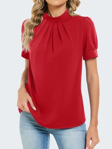 Funlingo Blouses for Women Dressy Casual Short Puff Sleeve Work Tops 2026 Spring Mock Neck Loose Fitting Shirts for Business Office Red S - Thumbnail 2