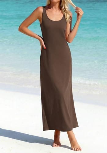 BTFBM Satin Dress Sleeveless Scoop Neck Summer Dresses for Women Elegant 2026 Loose Party Sundresses Fashion Clothing(Brown, Medium) - Thumbnail 2