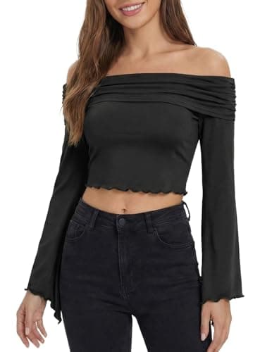 ZAFUL Women's Ruffle Blouse Off Shoulder Crop Bell Sleeve Pleated Top Asymmetrical Neckline Renaissance Shirt Black M - Image 1