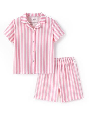 PATPAT Girls' Pajama Set Button Down Top and Shorts 2 Piece Pajamas Cute Sleepwear for Kids Light Pink Stripe 6 Years - Image 1
