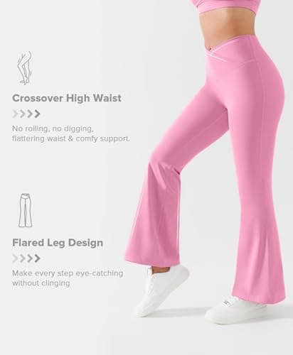 BRXL Flare Leggings for Women V Cross Over High Waisted Wide Leg Yoga Pants Bell Bottom Gym Workout Pants Tummy Control Pink XS - Thumbnail 3