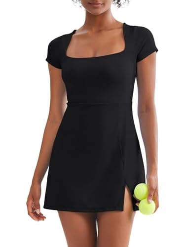 Dokuritu Womens Tennis Dress Short Sleeve Square Neck Golf Dress Sexy Side Slit 2024 Summer Active Exercise Athletic Dresses with Built in Shorts & Bra Black - Thumbnail 3