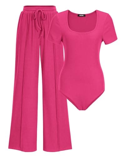 BTFBM Womens Summer 2 Piece Outfits 2026 Square Neck Short Sleeve Drawstring Pants Knit Spring Lounge Matching Sets(Rose Red, Medium) - Image 1