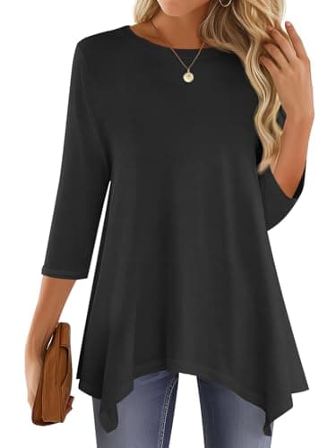 JUSTFASHIONNOW Black Tunic Tops for Women Loose Fit Dressy Casual 3/4 Length Sleeve Womens Fall Tops Asymmetrical Hem Ladies Clothing Outfits（Black，Small - Thumbnail 2