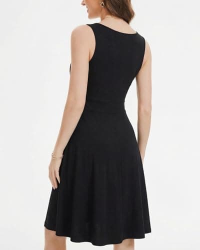 ANYFITTING Built in Bra Summer Dresses for Women 2026 Casual V Neck Flowy Sundresses Beach Vacation Midi Dress Black - Thumbnail 2